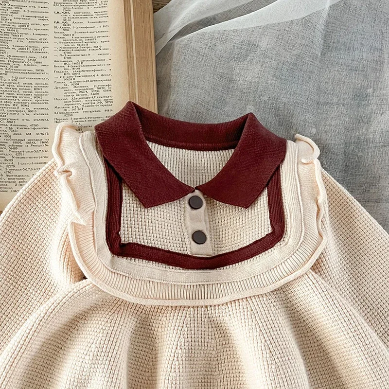 2024 New Autumn Infant Baby Girl Party Dress Long Sleeved Knitted Splicing Kids Knitting Princess Dress European American Style