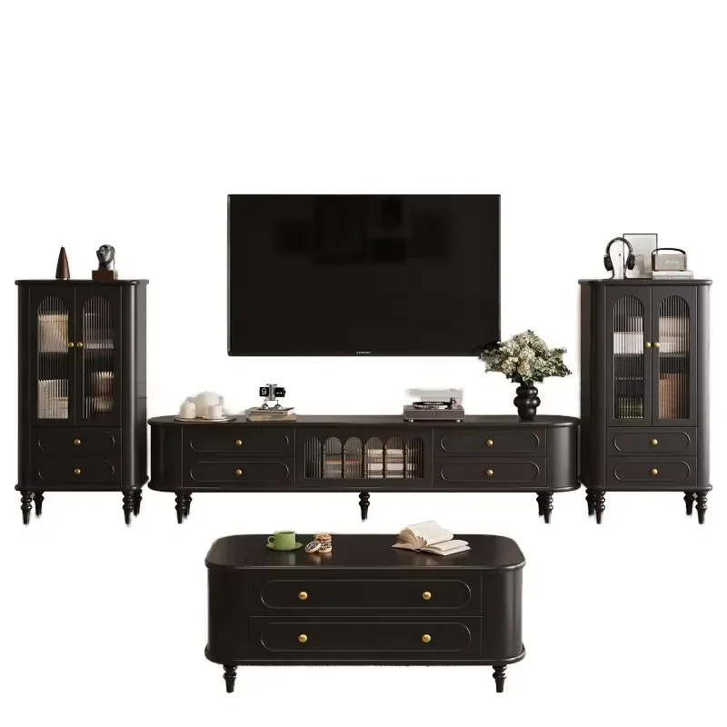 for Modern French Luxury TV Cabinet Set Glass Display Cabinet with Arched Groove Custom Living Room Entertainment Center