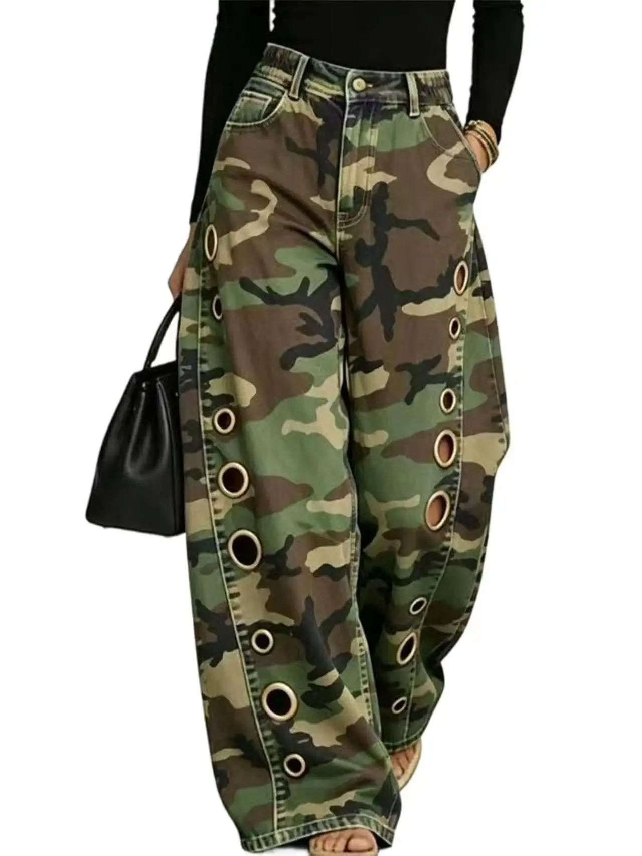 D8782 2026 Spring/summer. New Collection: Women's Metallic Microphthalmos Pants, Solid Color. Loose Fit, Stretchy, Camouflage De