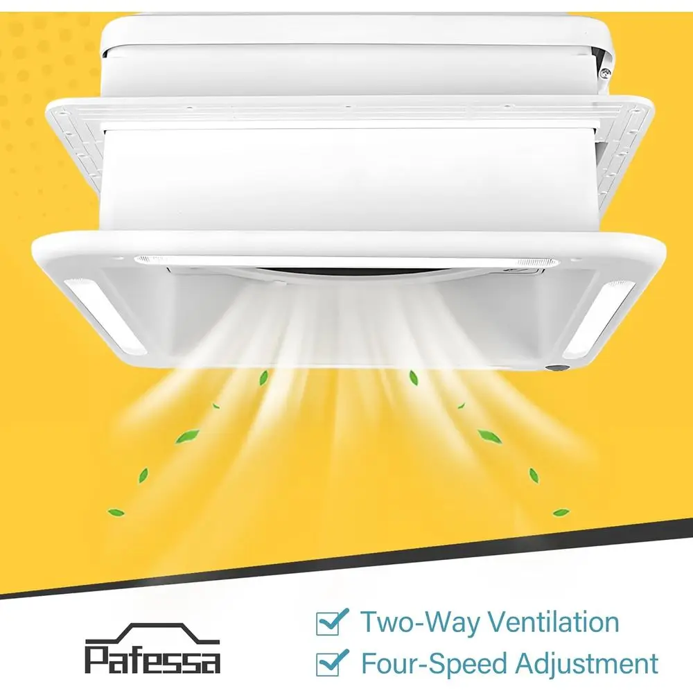 14インチ RVルーフベントファン LEDライト付き - 4段階速度調整可能 リバーシブル 12V デラックス RV電動ルーフベント、タッチ式オンオフ、速度調整機能、手動