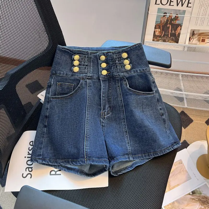 Teenage girls' denim shorts summer new style children's high waisted double breasted casual hot pants