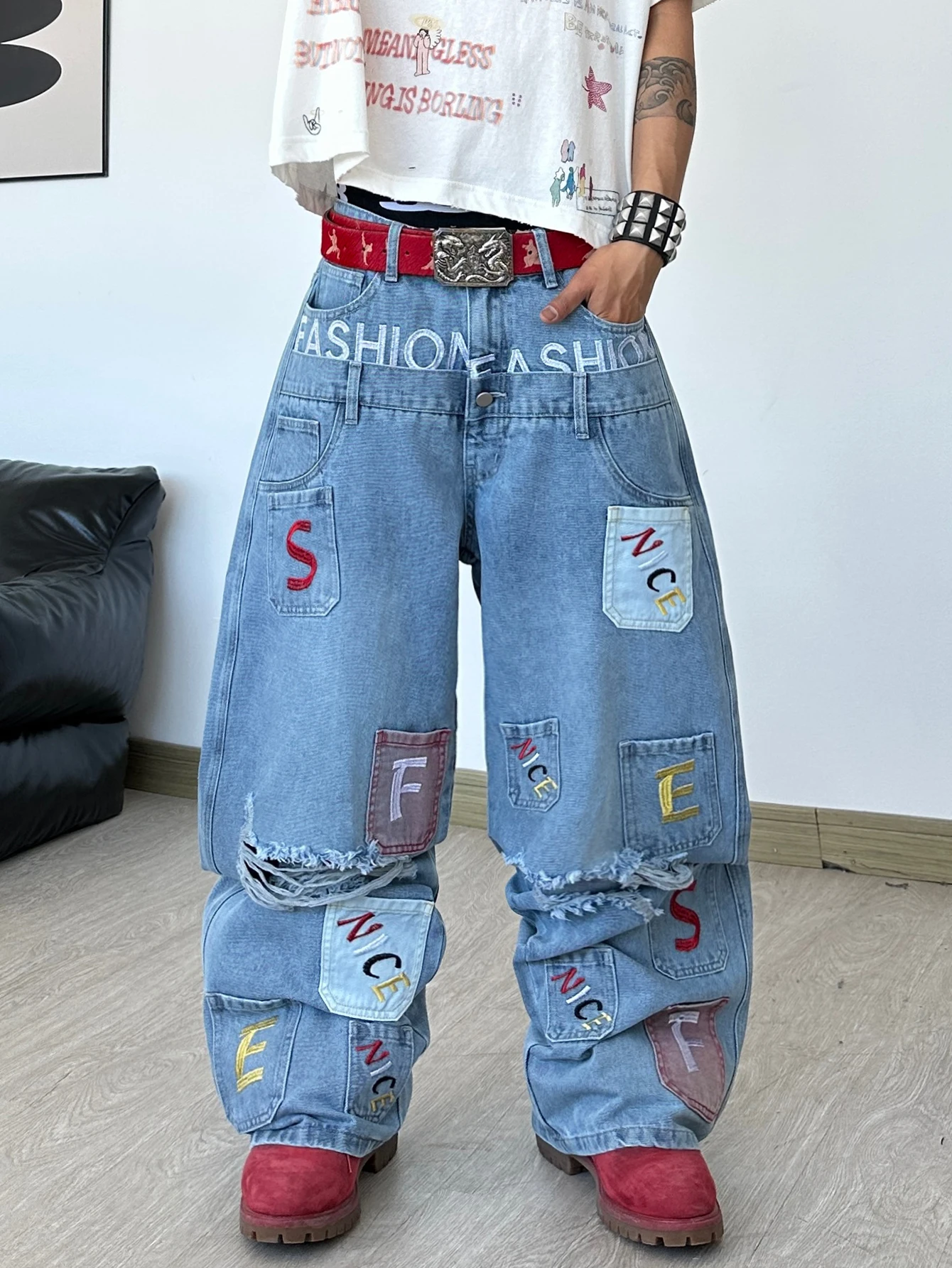American Retro Double-Waist Pocket Embroidery Patch Design Blue Baggy Wide-Leg Jeans Y2K Trendy Hip-Hop Streetwear Casual Pants