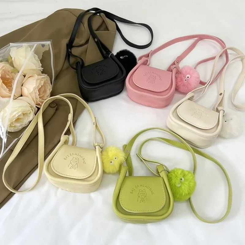 Fashion Women Mini Crossbody Bag with Fluffy Pom Pom Charm, Cute Embossed Saddle Wallets for Casual Summer Daily Shoulder Purse