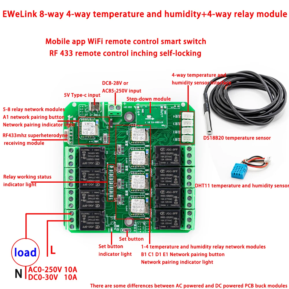 AC 85V-250V 8 Channel Ewelink 4 Way Temperature and Humidity + 4 Way Relay Wireless WiFi RF433 Remote Control Smart Switch