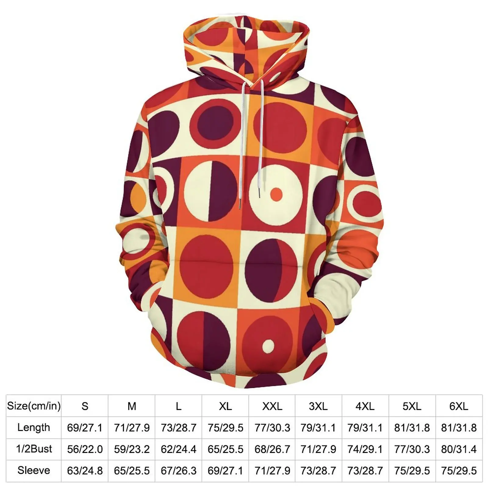 Retro Mod Casual Hoodies Men Orangy 70s Print Elegant Custom Sweatshirts Winter Long Sleeve Korean Fashion Oversized Hoodie