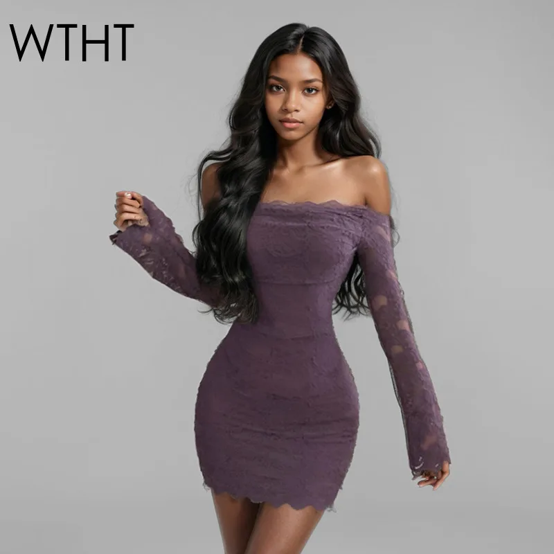 

WTHT New Trendy Women's Embroidery Lace Design Strapless Dress 2025 Spring Fashion Long Sleeves Wrap Hip Dresses Female 1LS747