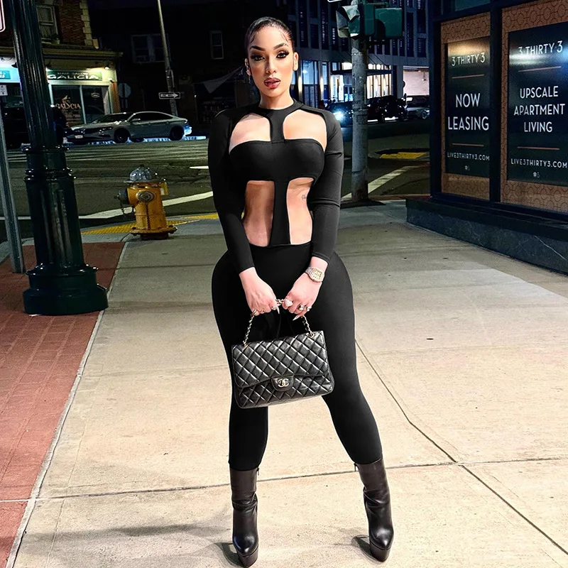 

Women Sexy Fitness Skinny Jumpsuits 2025 Autumn Hollow Out Strapless Halter Backless Long Sleeve Hipster Night Club Overalls