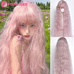 FORLISEE Synthetic Cherry Blossom Pink Long Curly Hair Band With Straight Bangs Wig Lolita Water Wave COS Wig