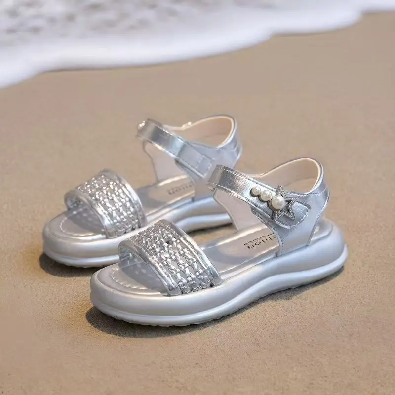 

Girl's Leather Woven Hollow Out Thick Sole Sandals Summer New Open Toe Soft Sole Non Slip Anti Odor Fashion Velcro Beach Sandal