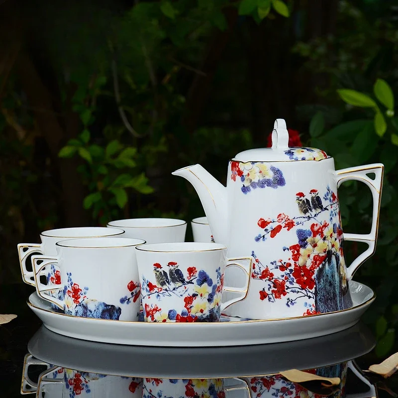 

New Chinese Coffee Pot Set, Red Teacup, Teapot, Teacup, Coffee Cup, Afternoon Tea Set, Tea Set with Tray. Coffee Cup Set