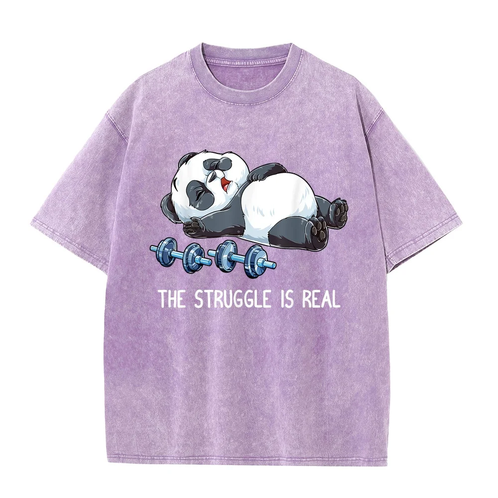 Panda The Struggle is Real Weightlifting Fitness Gym Funny T-Shirt Printed Men's T Shirts Sale Round Neck Short Sleeve Quote