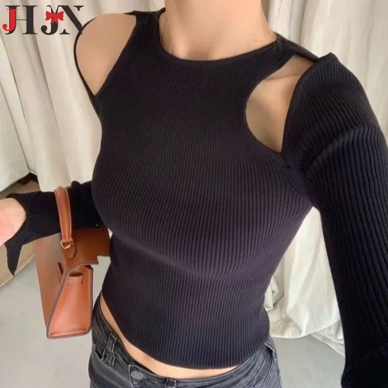 女性用長袖ニットボトムシャツ,ストラップレス透かし彫り下着トップ,ショートセクション,韓国版,モデル,秋,2022