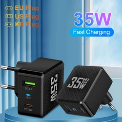 2 Ports Mini 35W GaN USB Type C Charger QC3.0 Portable Fast Charging For iPhone 14 Pro Xiaomi 13 Samsung KR/EU/US/UK Plug
