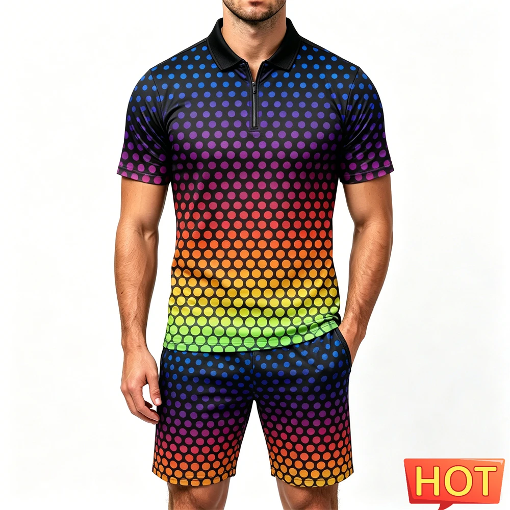Summer Men's Sets Polka Dot 3D Print Zip Polo Shirt and Shorts 2 Piece Street Fashion Short Sleeve Outfit Casual Loose Man Suit view 2