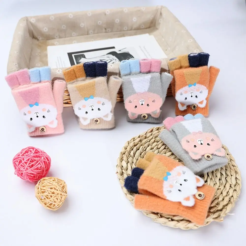 Fashion Cute Autumn Winter Cartoon Cat Flip Fingerless Gloves Children Mittens Warm Gloves Knitted Gloves