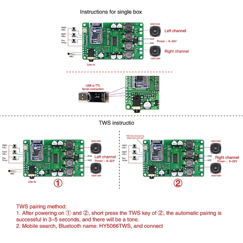 Bluetooth-compatible 5.0 Amplifier Board 20W/30W TWS AUX Support Call Serial Port To Change Name Mono Stereo Module