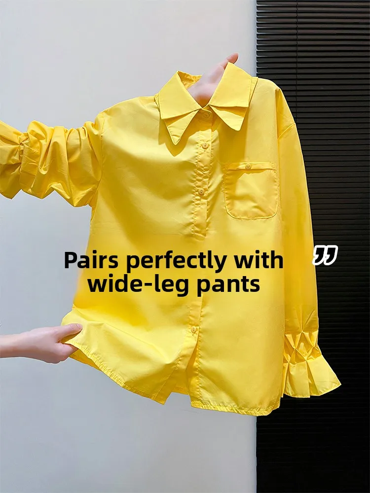 

Yellow Shirt Women's Fashion Hong Kong Style Collared Long Sleeve Button up Breathable Comfortable Inner Wear Layering Top
