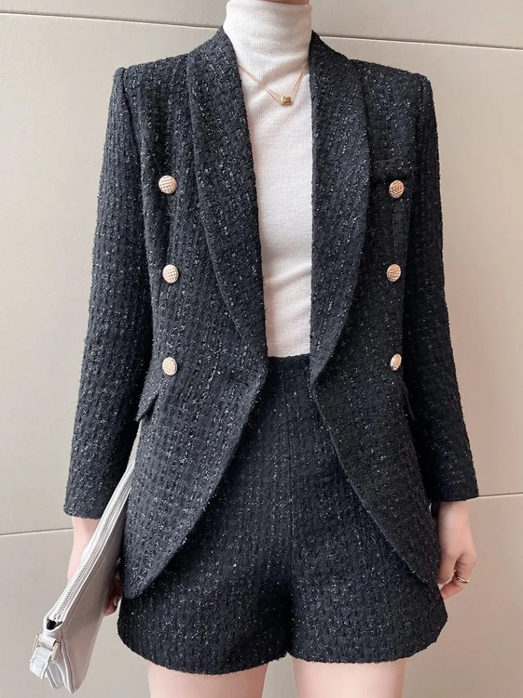 Autumn Women Double Breasted Tweed Suit Jacket High Waist Shorts Two Piece Set Office Lady Slim Fit Elegant Casual Suits Sets