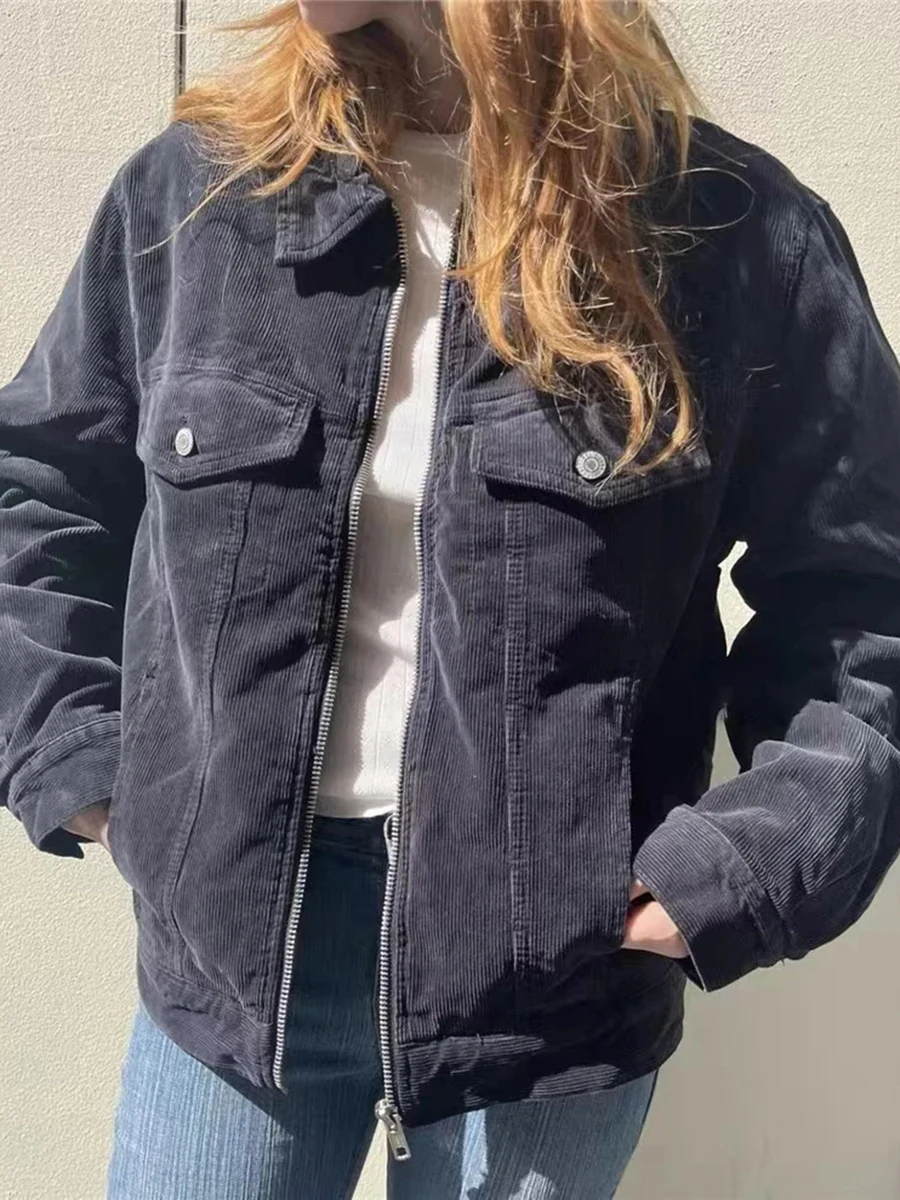 Corduroy Navy Lapel Zipper Pockets Loose Jacket Women Autumn New Cotton Thick Warm Casual Coat Top Vintage Simple Outerwear Y2K