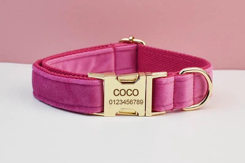 Rosarotes Samt-Hundehalsband und Leinen-Set für Hunde, individuell graviertes Namensschild, Heimtierbedarf, Hundeleine, Velvet23 – Detail 3