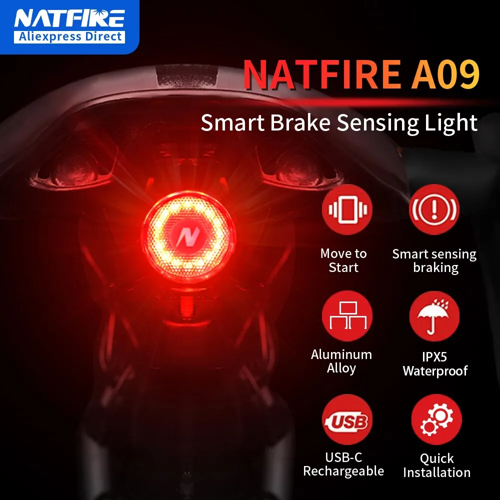 NATFIRE A09 Bicycle Smart Auto Brake Sensing Light Waterproof USB C Charging LED Cycling Taillight Bike Rear Light Accessories