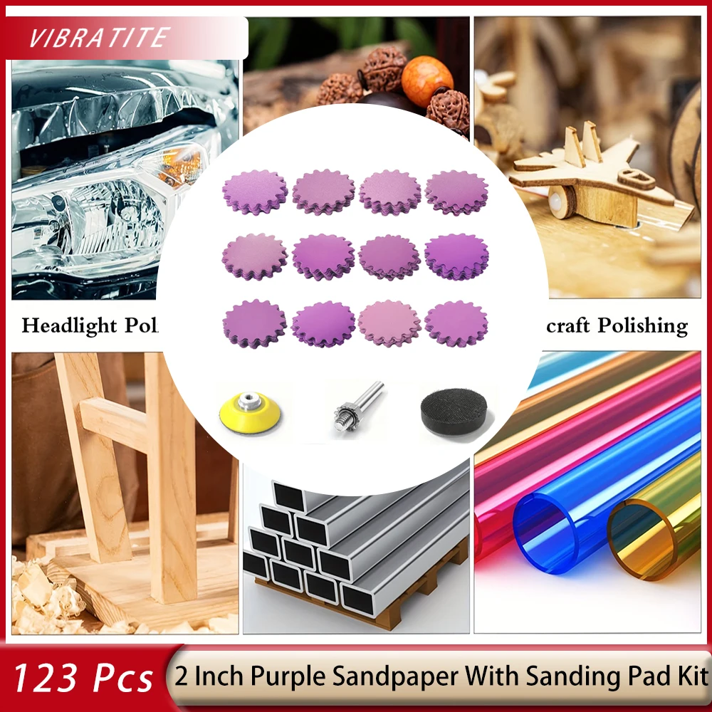 

123 шт. 2-дюймовые фиолетовые шлифовальные диски на липучке для влажной и сухой гибкой кромки, волнистые шлифовальные подушечки, зернистость 60-1000 с шлифовальной подушечкой и пенопластовой подушечкой