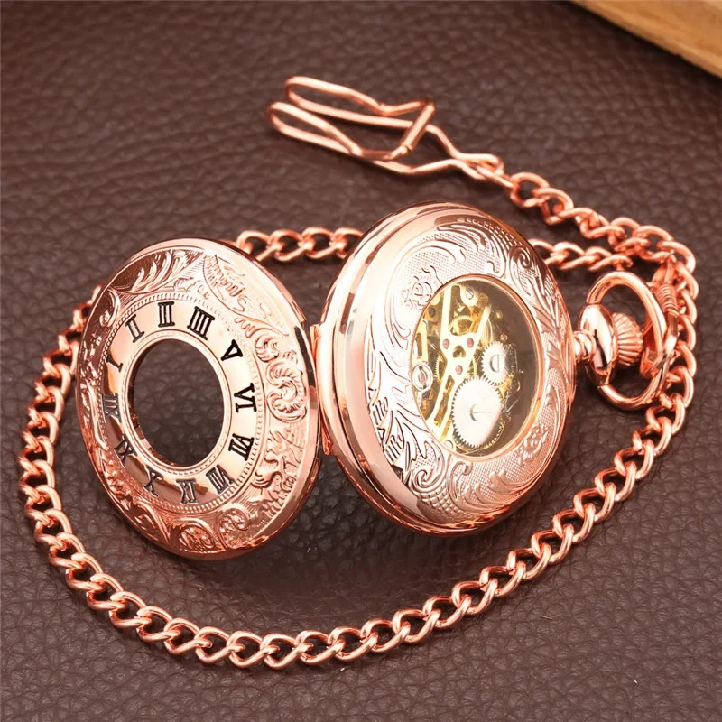 Bronze Roman Number Cover Men Women Handwinding Mechanical Pocket Watch Skeleton Dial with Pendant Fob Chain Gift