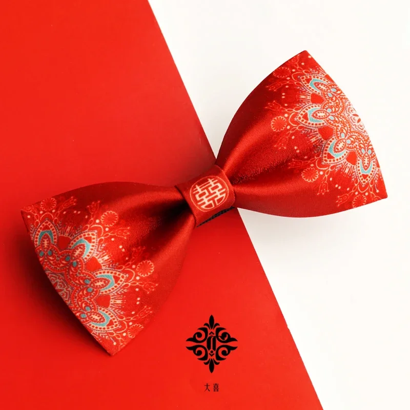 Xiuhe Xi character flowers bloom rich Chinese bow tie red groom wedding best man wedding phoenix crown charcoal 1 piece