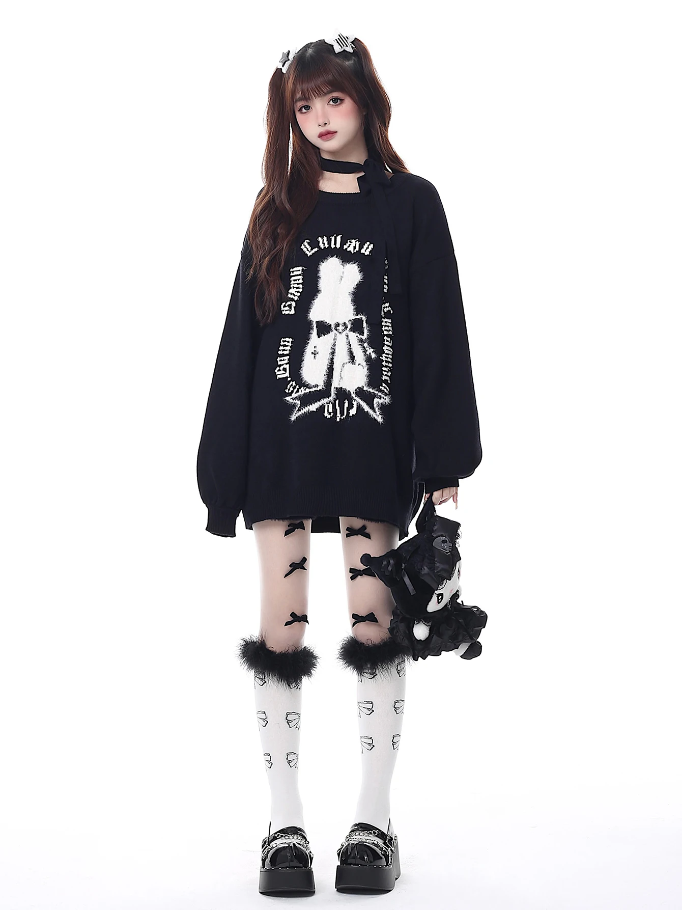 REDDACHiC Bunny Christmas Sweater Pullover Lantern Sleeves Casual Oversized Top