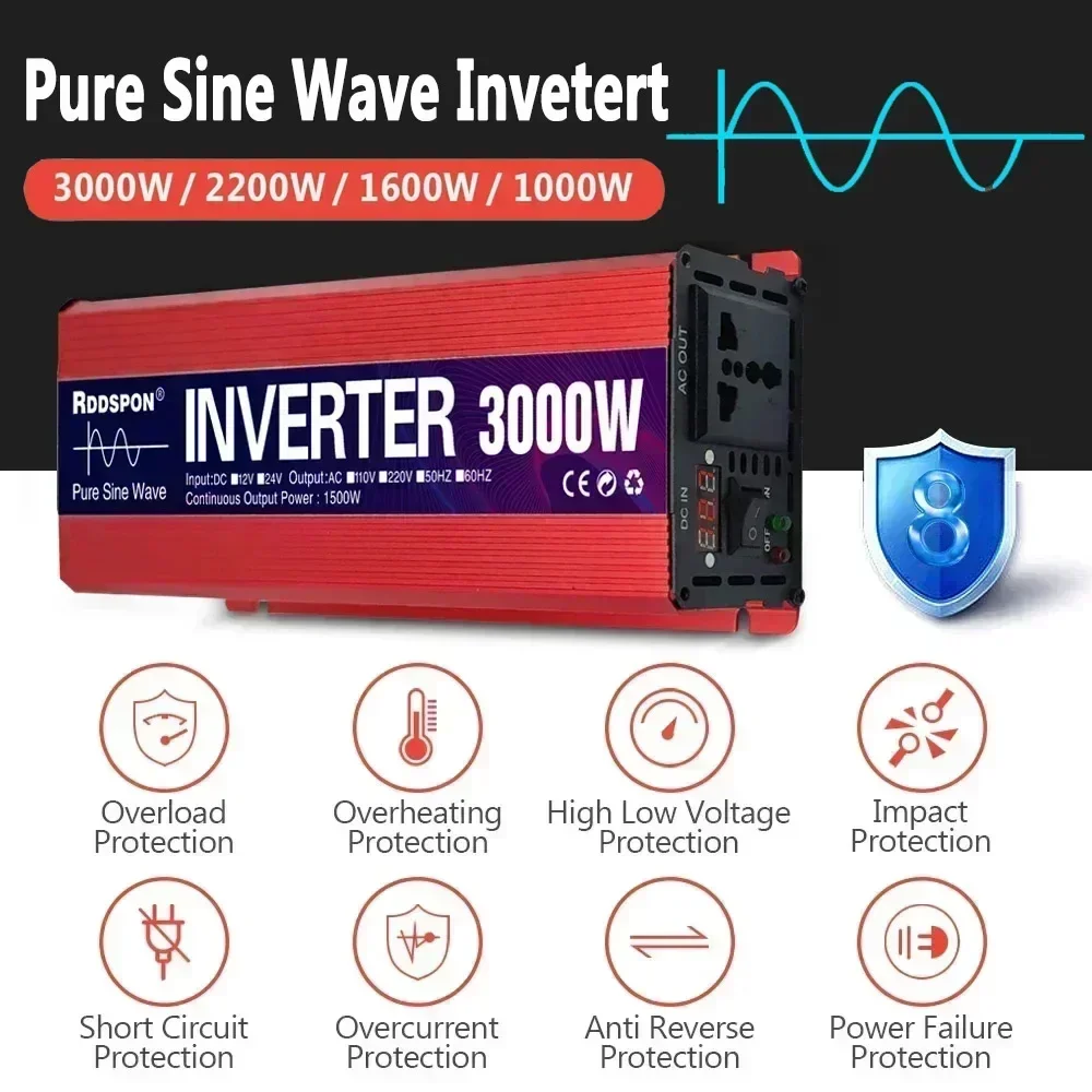 

Pure Sine Wave Inverter DC 12V 24V to AC 220V 110V Inverter 1000W/1600W/2200W/3000W Voltage Converters Car Solar Power Inverters