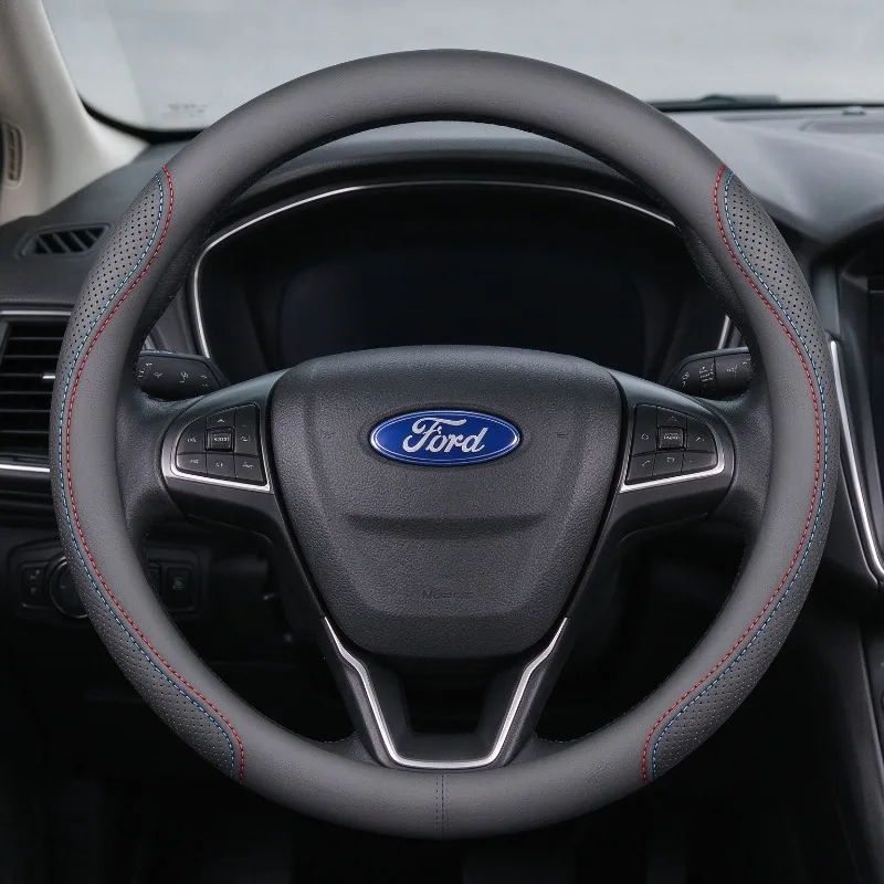 Steering Wheel Cover Nappa Leather For Ford 37-38cm O+D Breathable Anti-slip Wear Resistant All Season Car Auto Accessories