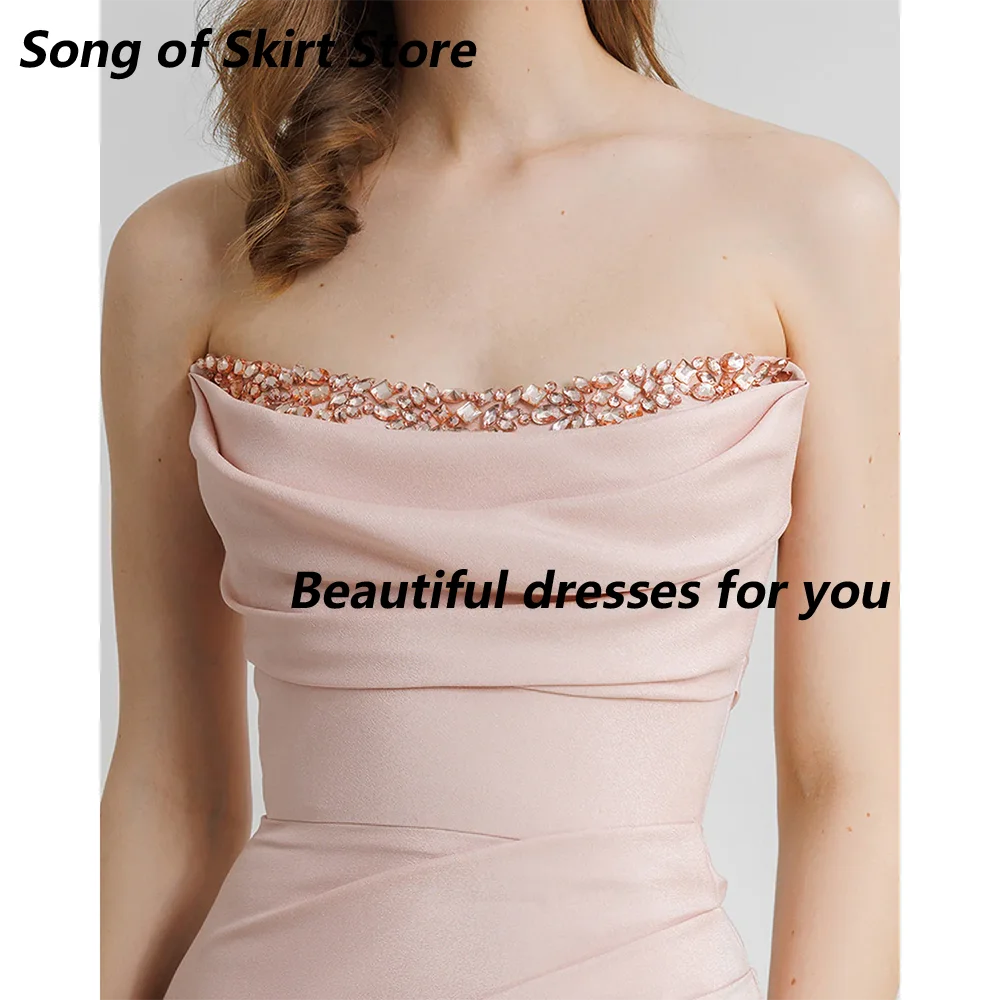 

Customizable Prom Dress Pale Pink Strapless Crystal Sexy Prom Gowns for Women 2025 Mermaid Floor Length Wedding Party Dress