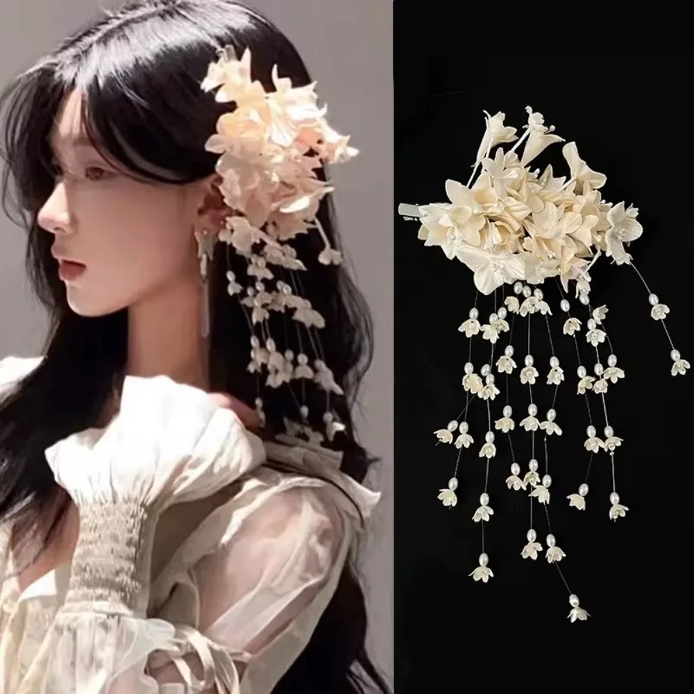 

Elegant Flower Orchid Hair Clip With Pearl Tassels Long Side Hairgrips Side Clip Headwear Gift