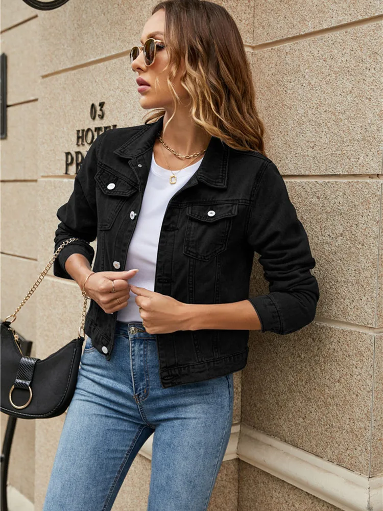 Hirigin frauen Einfarbig Denim Jacke Casual Langarm Taste Unten Brust Tasche Jean Jacke Herbst Streetwear