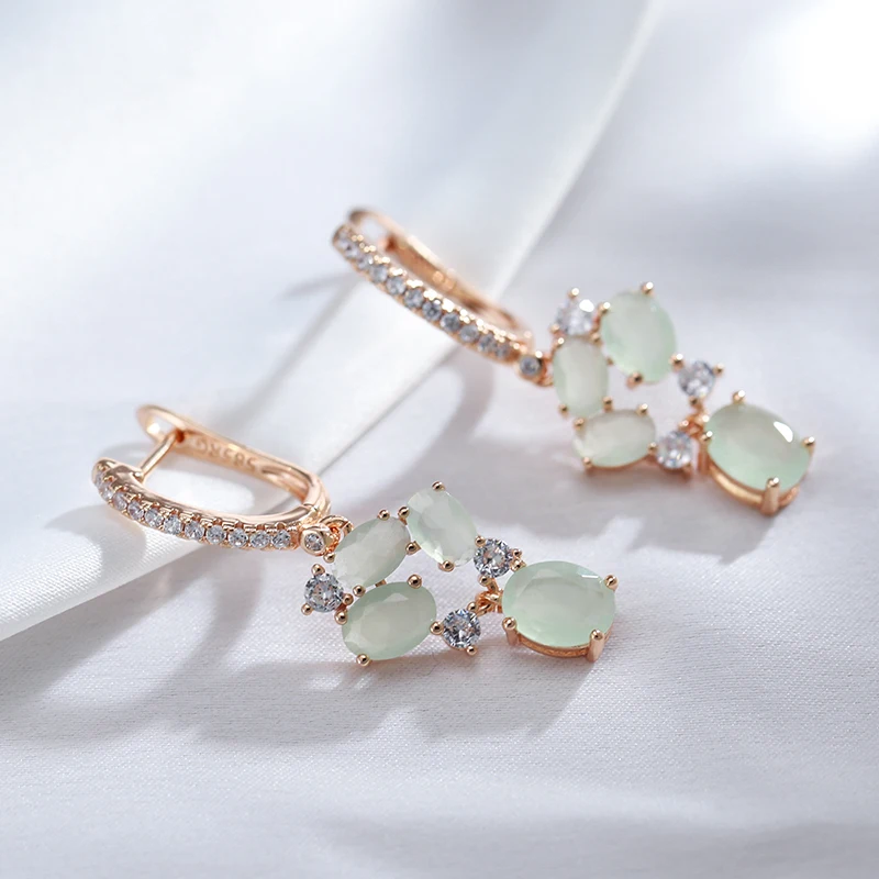 Kienl New 585 Rose Gold Color Long Earring for Women Vintage Green Natural Zircon Flower Drop Earring High Quality Daily Jewelry