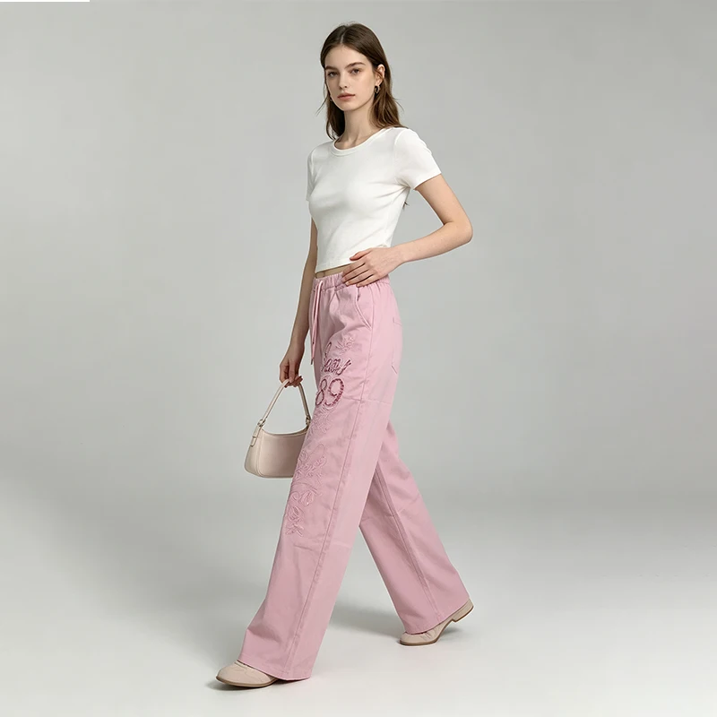 2026 Women's Y2K Retro Pink Wide Leg Pants with Embroidered Alphabet, Drawstring, Elastic Waist, Loose Streetwear, Casual Pants