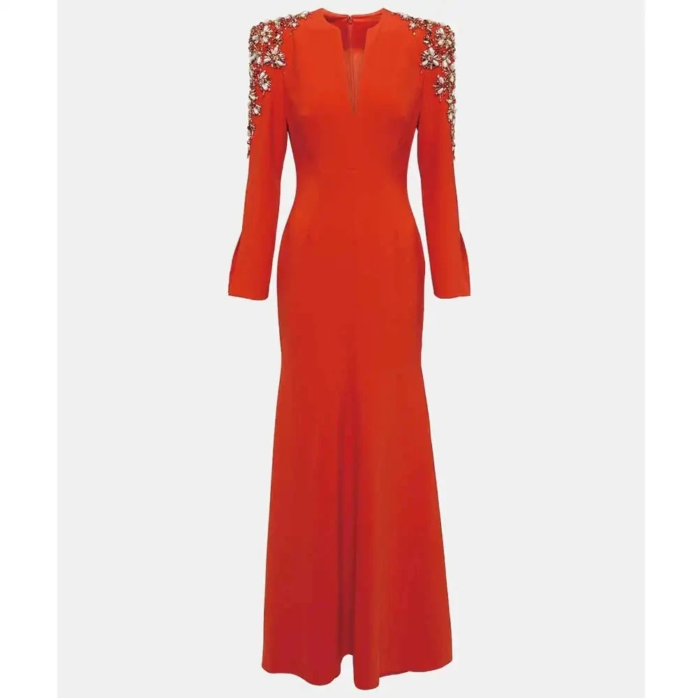 Elegante vestido de noite vermelho strass com decote em v vestido de baile sereia personalizado mangas compridas miçangas arábia saudita vestido formal feminino