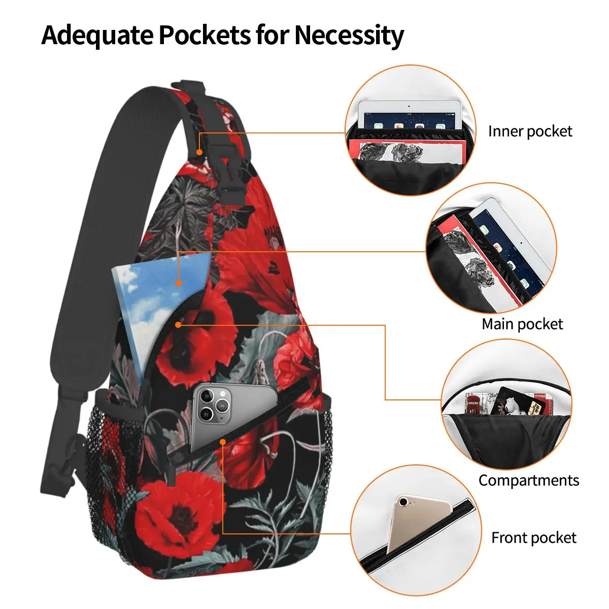 Poppy Gard Chest Bag Men Sling Crossbody Backpack Chest Bag Travel Hiking Daypack Shoulder Bag