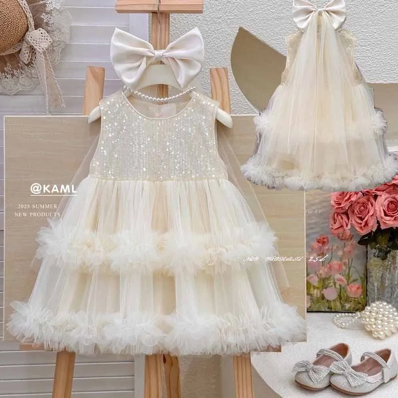 Girls Puffy Princess Dresses With Veil 2025 New Children Sequin Vest Dress Kids Party Performances Gown Ball 4-8 Years