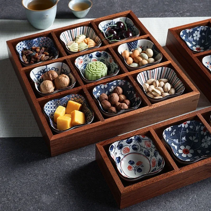 Furnace Brewed Tea Chinese Tea Point Plate Wooden Tray Multi-grid Dried Fruit Plate Snack Solid Wood Grid Fruit Plate