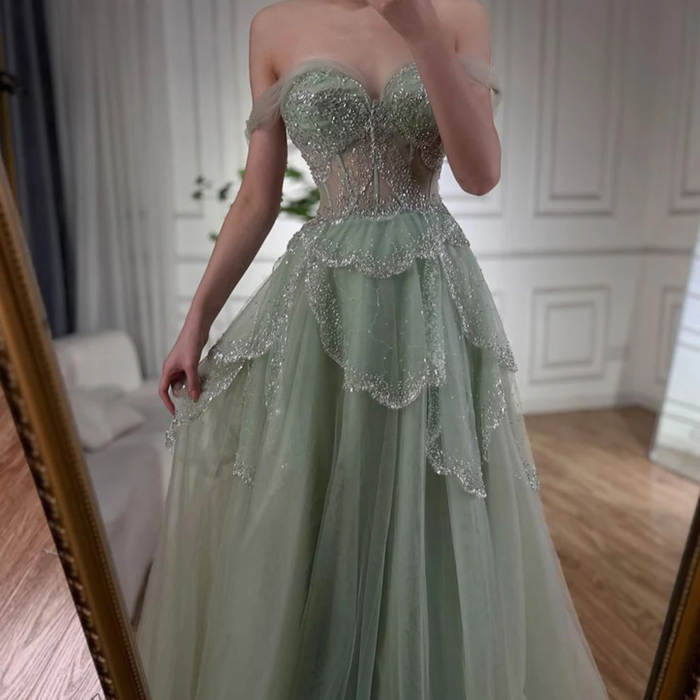 Customized Modest Bead Sequin Embellished Prom Dress Off the Shoulder A Line Evening Party Gown Petal Tulle vestidos de noche
