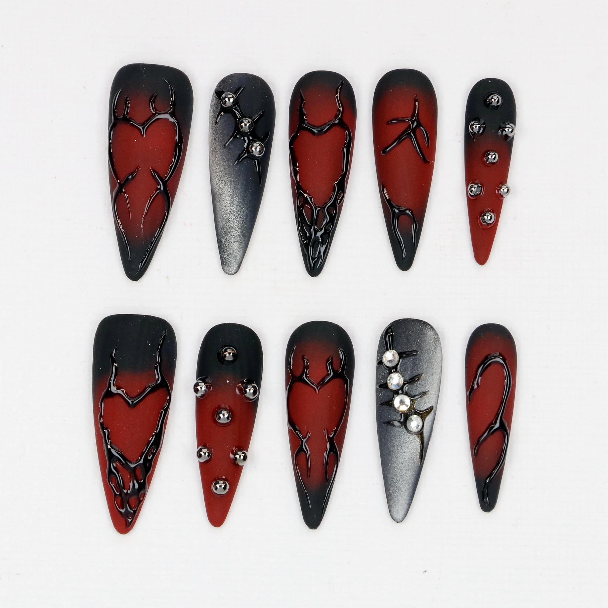 

10Pcs Gothic Long Stiletto Press On Nails,Dark Glam Fake Nails,Custom 3D Metallic Silver and Holographic Matte Red Nail Art