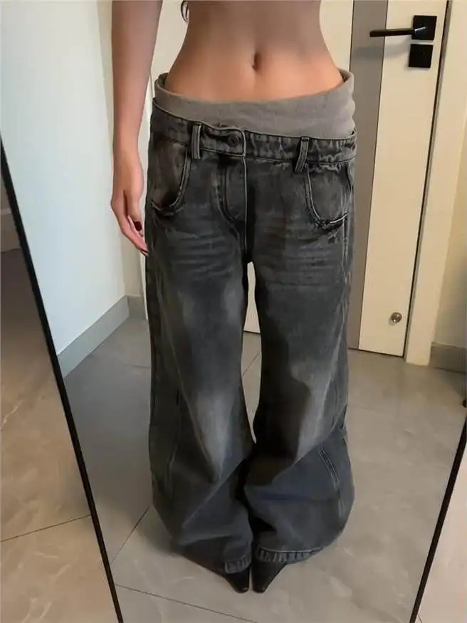 Grey Jeans Women American Style Y2K 90S Vintage High Waisted Jean Straight Trouser Streetwear Casual Loose Wide Leg Denim Pants