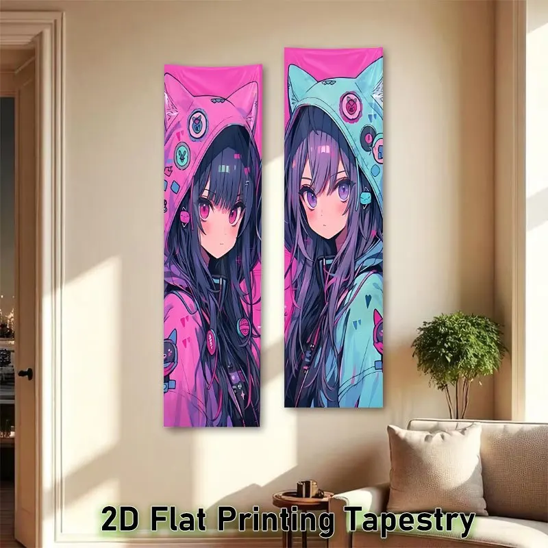 2Pcs Cute Anime Girl in Animal Hoodie Vertical Tapestry, 2D Flat Pink Cyan Long Narrow Polyester Wall Hanging, Stitched Edges Ae