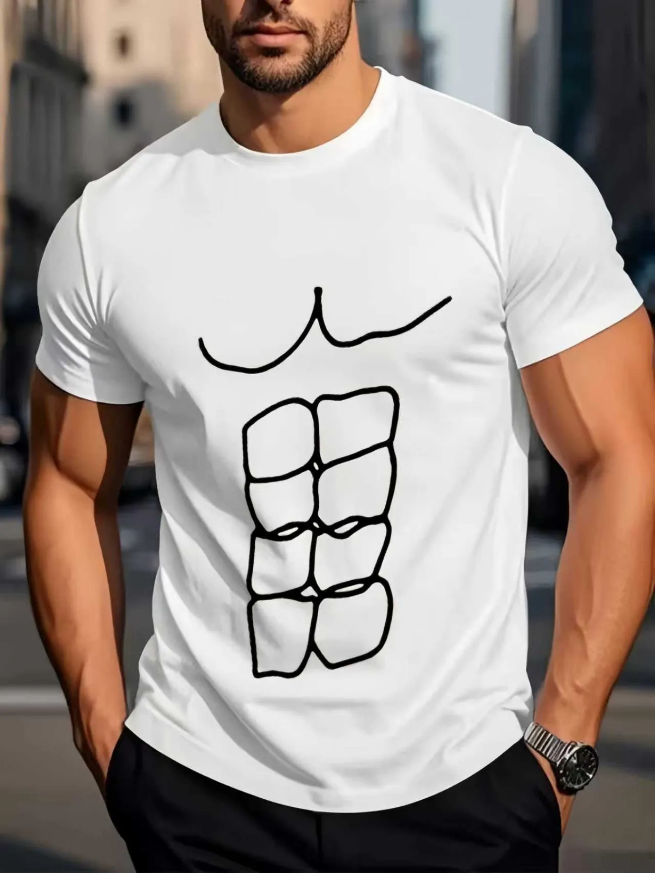 Nouveau style été 2026 – T-shirt homme en pur coton, décontracté et tendance, confortable, doux, respirant, motif lignes simples imprimées