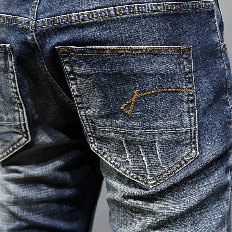 Fashion Designer Men Jeans High Quality Retro Washed Blue Stretch Slim Fit Ripped Jeans Men Vintage Casual Denim Pants Hombre