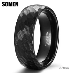 Somen 6/8mm Black Hammer Pattern Tungsten Carbide Brushed Ring