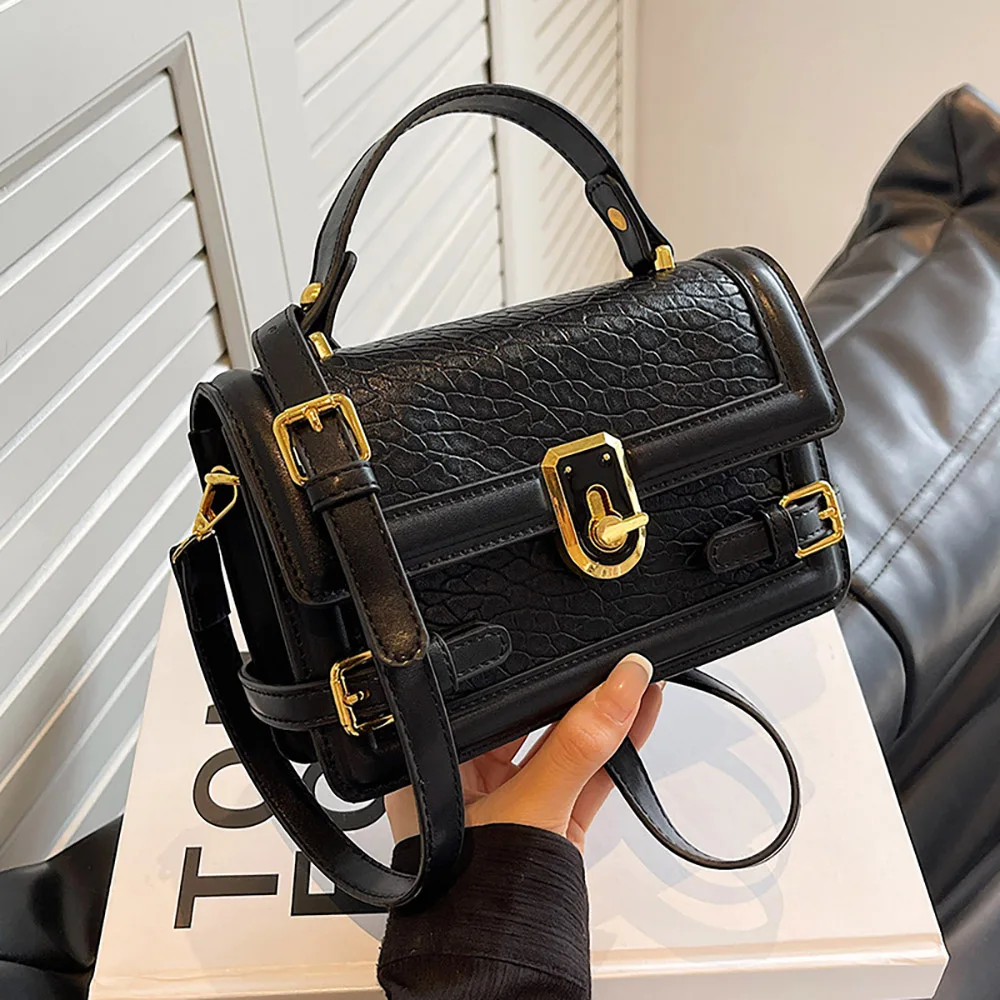 Luxury Designer Women Crossbody Bags Contrast Color Stone Pattern Leather Handle Single-Shoulder Bag Ladies Commuter Handbag