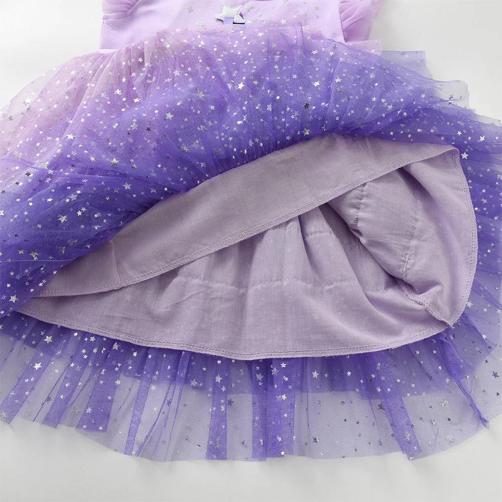 VIKITA Kleinkinder-Kleid mit glitzerndem Sternenmuster, Kinderkleid, lavendellila, Ombre-Tüll, Netzstoff, Rüschenärmel, Sommer, lässig, Party, Prinzessinnenkleid – Detail 9