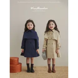 Fashion Casual Kids Girls Retro Long Coat Jacket Patchwork Spring Autumn Children Elegant Clothes Kids Windcoat khaki Outwear